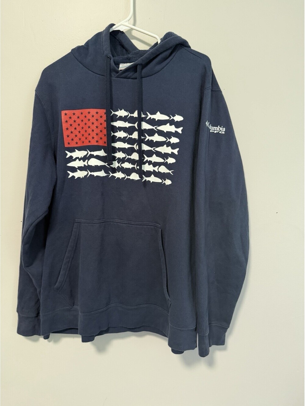 Columbia Hooded Sweatshirt Men's L PFG Fish Logo America USA Flag Navy